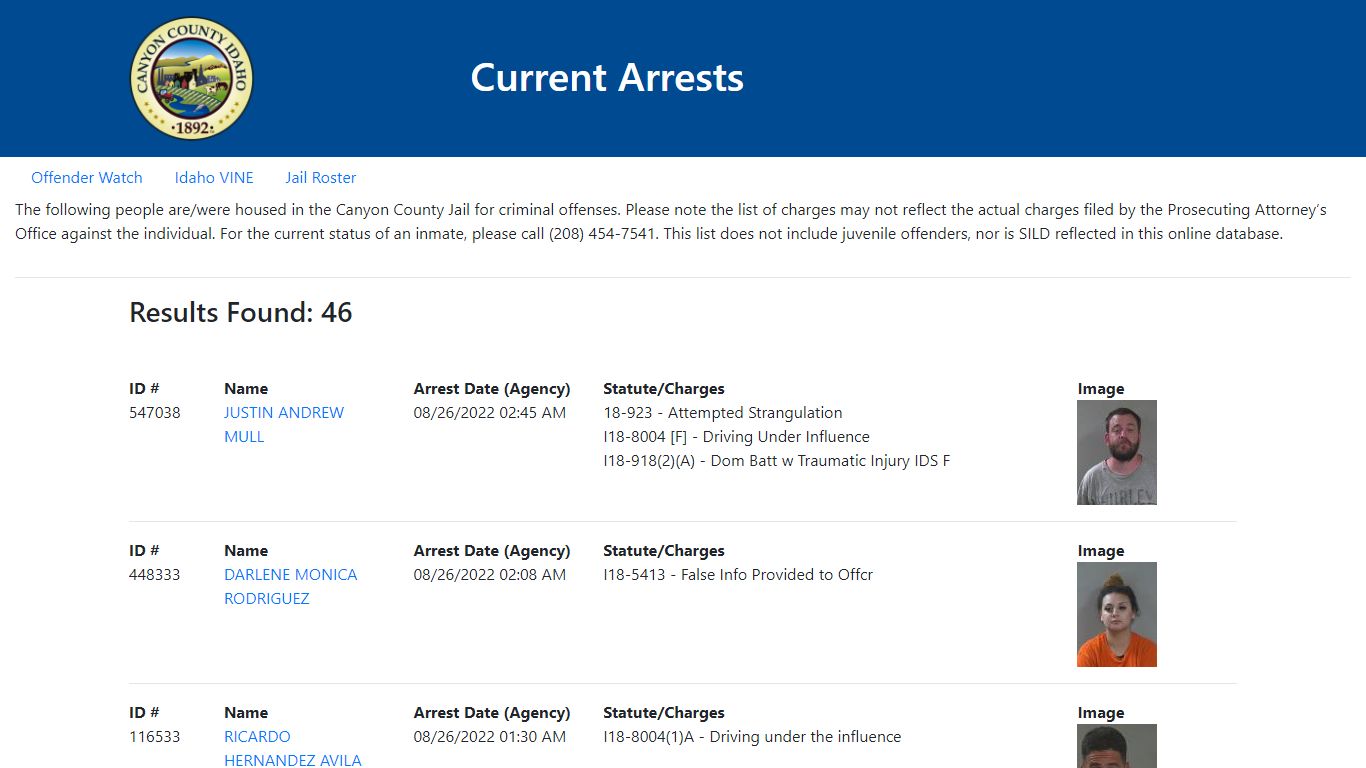 Current Arrests - Canyon County, Idaho